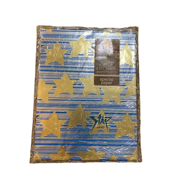 Vintage American Greetings Star Grad Gift Wrap NEW Blue Gold Star Metallic Gradu - Picture 1 of 7